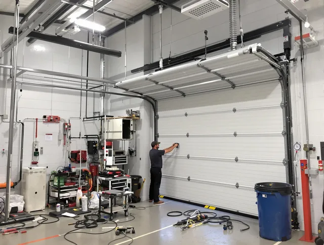St. Simons Garage Door Repair certified technician performing commercial door repair at a St. Simons business facility
