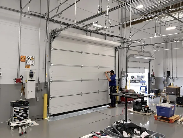 Commercial garage door repair being performed by St. Simons Garage Door Repair expert in St. Simons