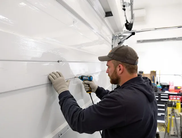 St. Simons Garage Door Repair technician demonstrating precision dent removal techniques on a St. Simons garage door