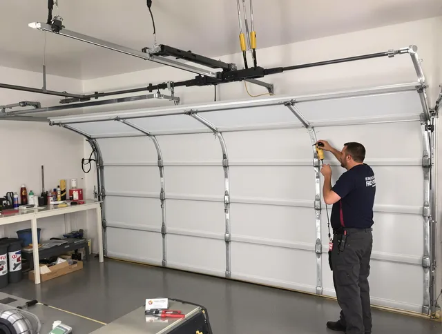 St. Simons Garage Door Repair certified technician performing overhead door system repair in St. Simons