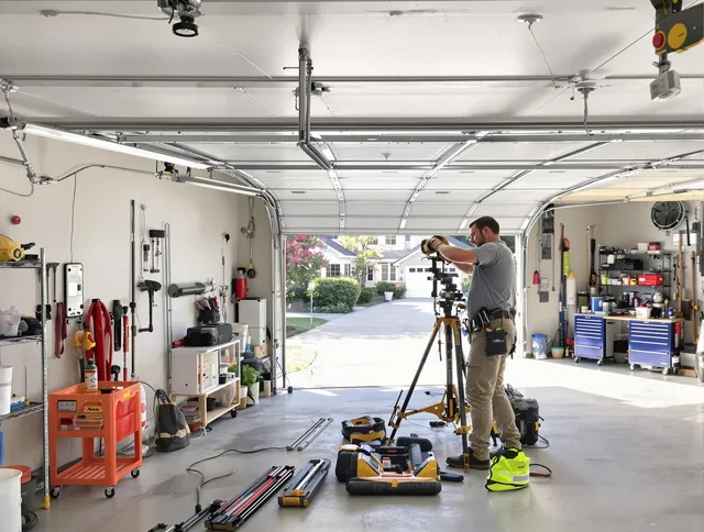 St. Simons Garage Door Repair specialist performing laser-guided track alignment in St. Simons